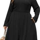 Nemidor Womens Plus Size Scooped Neck Long Sleeve Ribbed Midi Swing Dress with Pocket NEM543 (Black)