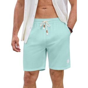 JMIERR Mens Shorts Linen Cotton 7" Casual Elastic Waist Drawstring Lightweight Summer Beach Shorts with Pockets (Blue, L)