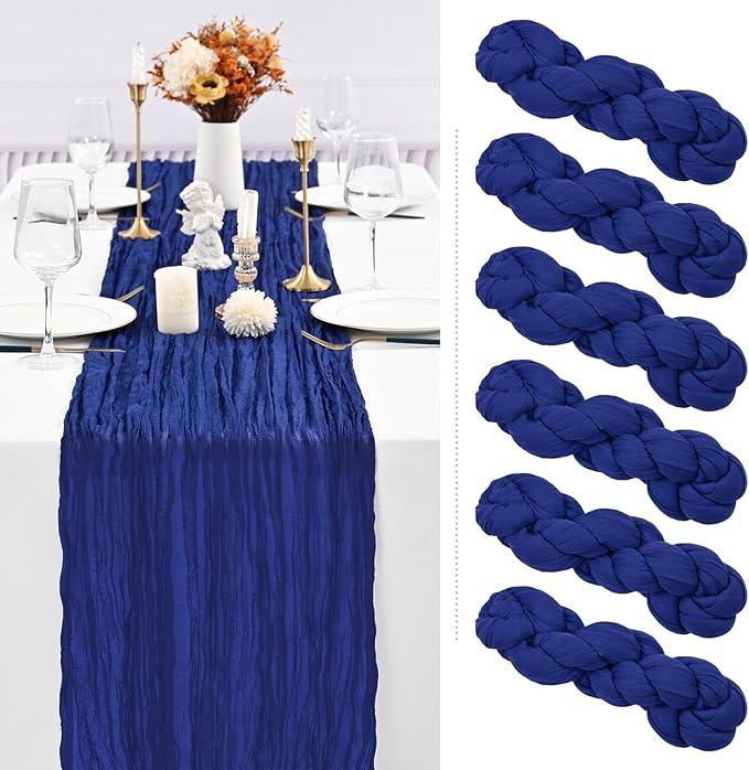 Showgeous 6 Pack Royal Blue Cheesecloth Table Runner Gauze Table Runner 10FT Long Semi-Sheer Table Runner Boho or Rustic Wedding Table Decor for Wedding Decor Arch Draping Bridal Shower Holiday Party