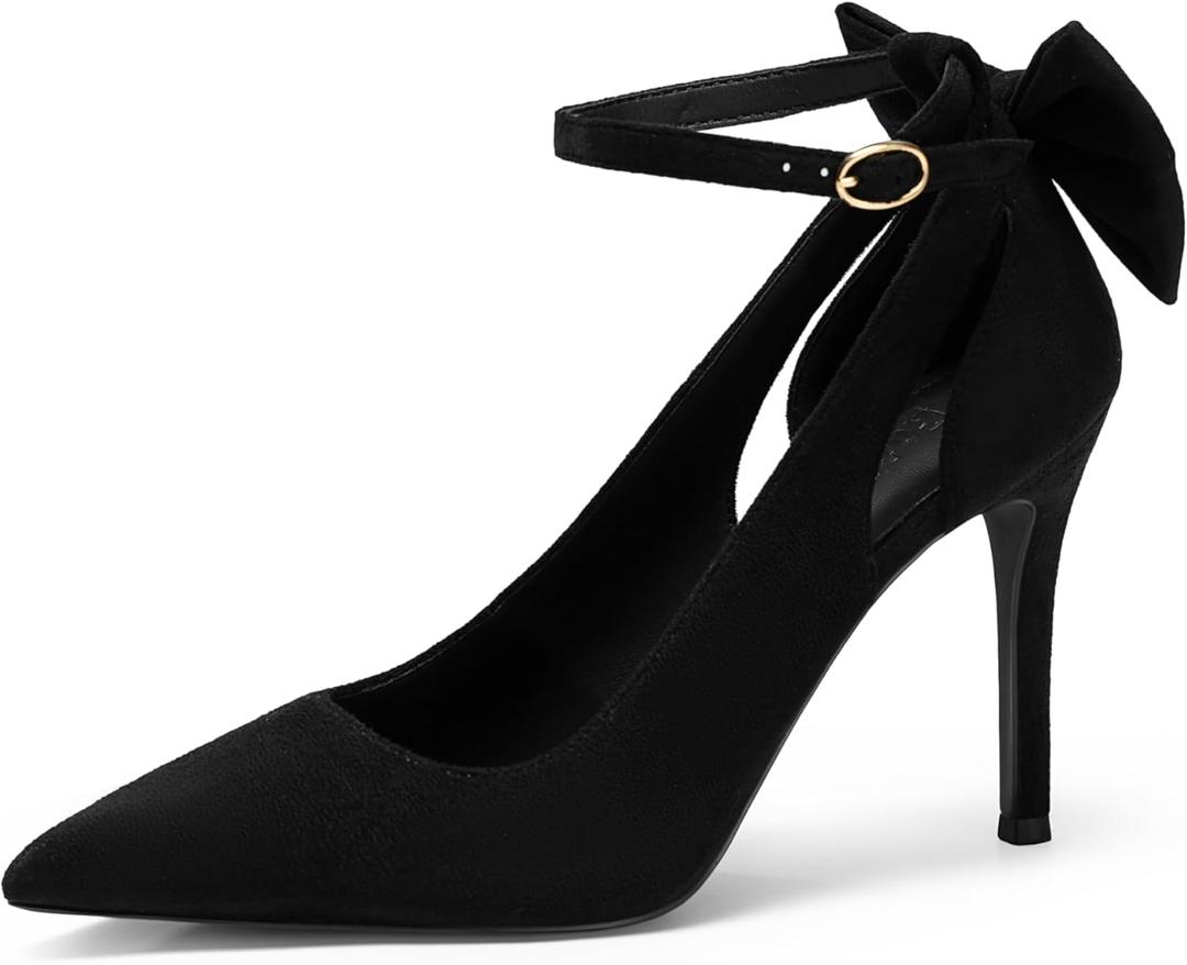 Women's Pointed Toe High Heels Ankle Strap Bow Tie Pumps Wedding Party Dress Shoes (8.5, Black)