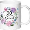 90 Years Loved Coffee Mug - 90th Birthday Gift Ideas for Women 11oz Mug Cup Present for 90 Year Old Female Mom Nana Wife Aunt Friends Sister Her Turning 90 Mothers Day Gifts Ideas (90 YEARS LOVED)
