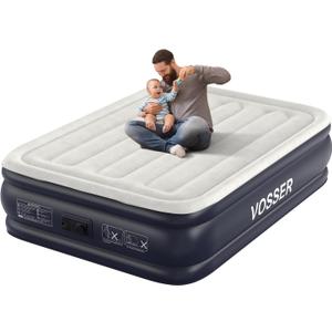 VOSSER Air Mattress Full with Built in Pump，18''Inflatable Mattress of Upgraded Vertical Beams，Self Inflatable/ Deflation Blow Up Mattress in 3 Mins, Flocked Top Airbed with Carry Bag for Home, Camping