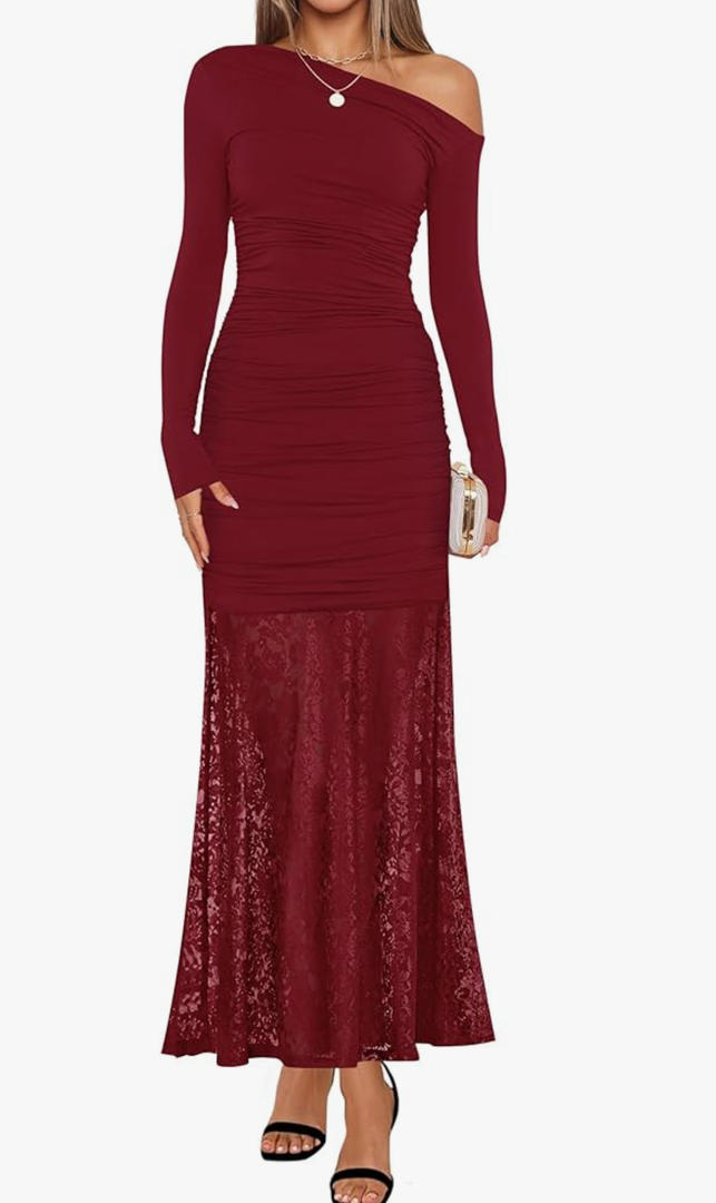 ZESICA Women's Long Sleeve Off Shoulder Bodycon Dresses Fall 2026 Ruched Lace Wedding Guest Cocktail Formal Maxi Dress M