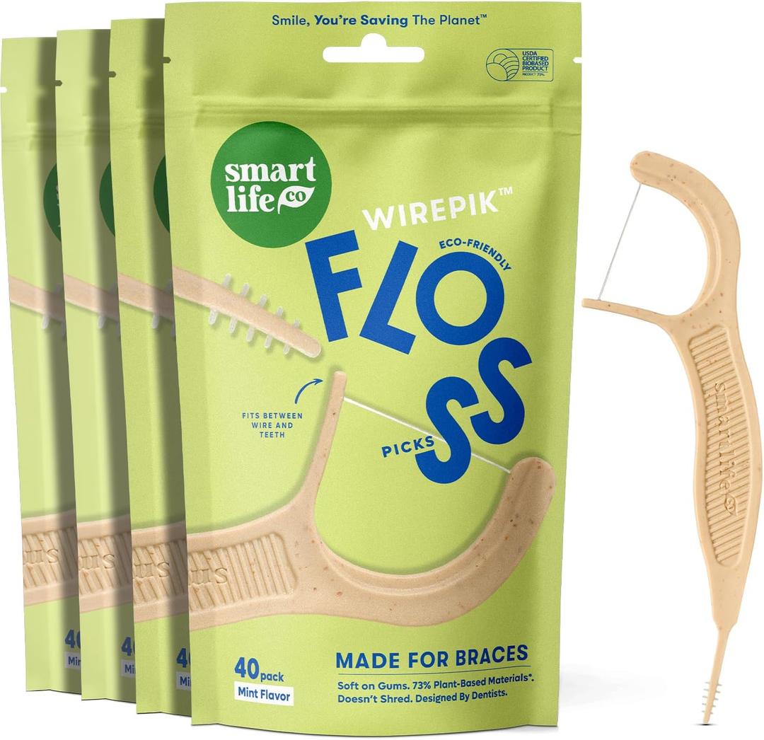 SmartLifeco Flossers for Braces - Eco-Friendly Orthodontic Floss Picks for Adults & Kids | Straw Wheat Blend | Superior Anti-Shred Thread | Ortho Interdental Toothpick End | WirePik - Mint - 160 Pack