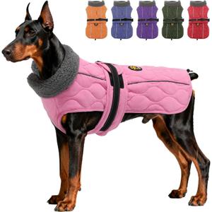 Dog Winter Coat, Adjustable Quilted Dog Snow Jacket with Fleece Lining, Water Resistant Pet Apparel for Cold Weather, Warm Large Doggie Coat with Leash Hole and Reflective Strip, NewPink L