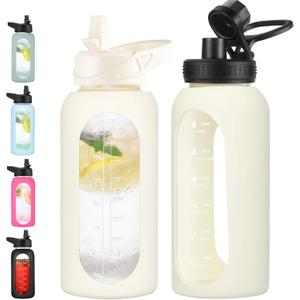 32 oz Glass Water Bottle with Straw and Handle, Sports Motivational Water Flask with Silicone Sleeve, Large Leakproof Water Flask Cup with Time Marker for Travel, Gym, Cream