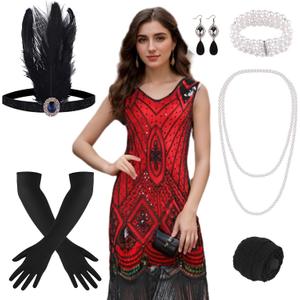 PLULON 1920s Dresses for Women, Sequin Fringed Gatsby Flapper Cocktail Dresses with 20s Accessories Set, Roaring 20s Costumes (Small, Red)