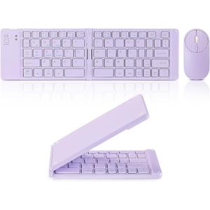 Foldable Mini Rechargeable Bluetooth Keyboard and Mouse Combo, 2.4G Wireless and Bluetooth,(Sync Up to 3 Devices), Ultra-Slim Travel Folding Keyboard for iPhone iPad Mac Android Windows iOS(Purple)