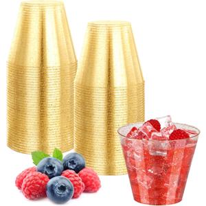 50 Pack 9 oz Gold Plastic Cups, Disposable Gold Glitter Plastic Cups, Fancy Durable Heavy-duty Plastic Glasses with Gold Glitter for Wedding, Parties, Thanksgiving, Christmas