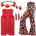 Leumoi 5 Pcs 60s 70s Costume for Women Disco Outfits Hippie Accessories Fringe Vest Boho Flared Pant for Mardi Gras Carnival(X-Large,Red)