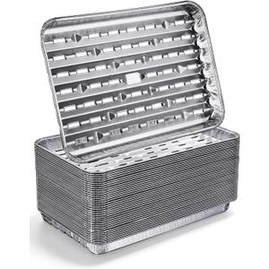 25Pcs Broiler Pans for BBQ Grill, 9.2 x 13.5 Grill Pan Liners with Ribbed Surface, Disposable Aluminum Foil Trays for Oven with Hole