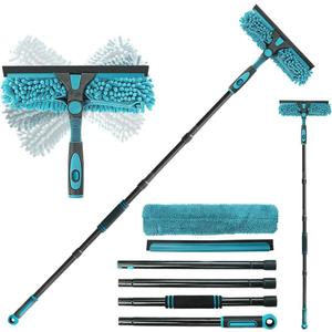 Professional 2-in-1 Window Squeegee Cleaner Tool with 62" Extension Pole, Rotatable Bendable Head & Scrubber, Car Glass Cleaning Kit for Windows, Shower, Gas Station - 1 Blade 2 Scrubber