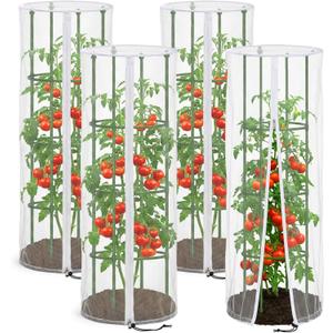 4 Pcs Garden Bird Netting Cover for Round Tomato Cage, 59" x 18" Tomato Trellis Insect Barrier Protection Mesh, Plant Cage Garden Net Cover with Zipper for Vertical Climbing Plants Vegetables Fruits