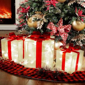 Lulu Home Christmas Box Decorations, 60 LEDs Light Up Boxes with Red Bows, Plug-in Warm White Lighted Xmas Boxes for Christmas Tree Holiday Party Indoor Outdoor Decors, Set of 3