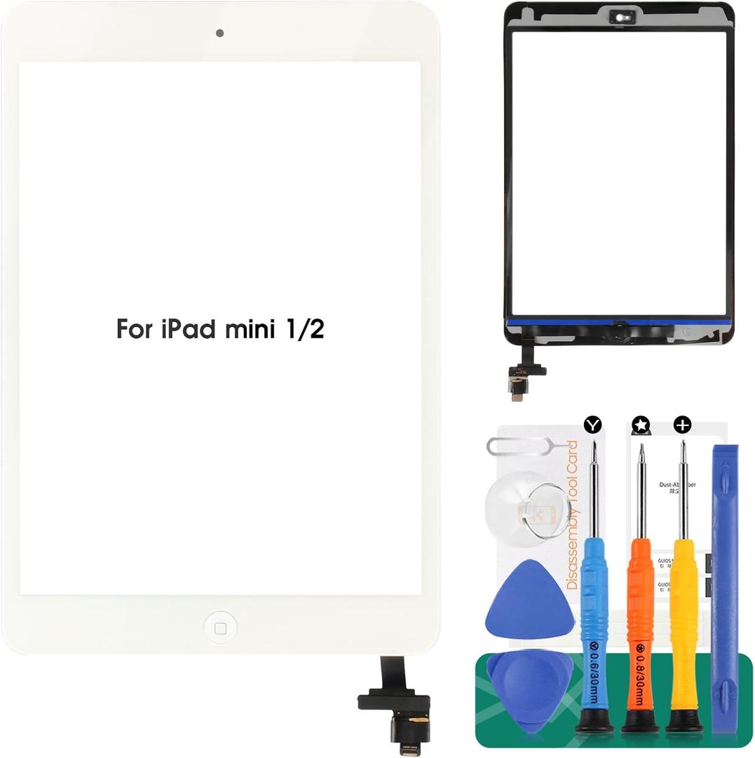 For iPad Mini 1 Touch Screen Replacement A1432 For iPad Mini 2 Digitizer Replacement A1490,A1489,A1491 Touch Screen With IC Chip,Home Button,Cameral Holder Repair Parts Kits White (Not include LCD)