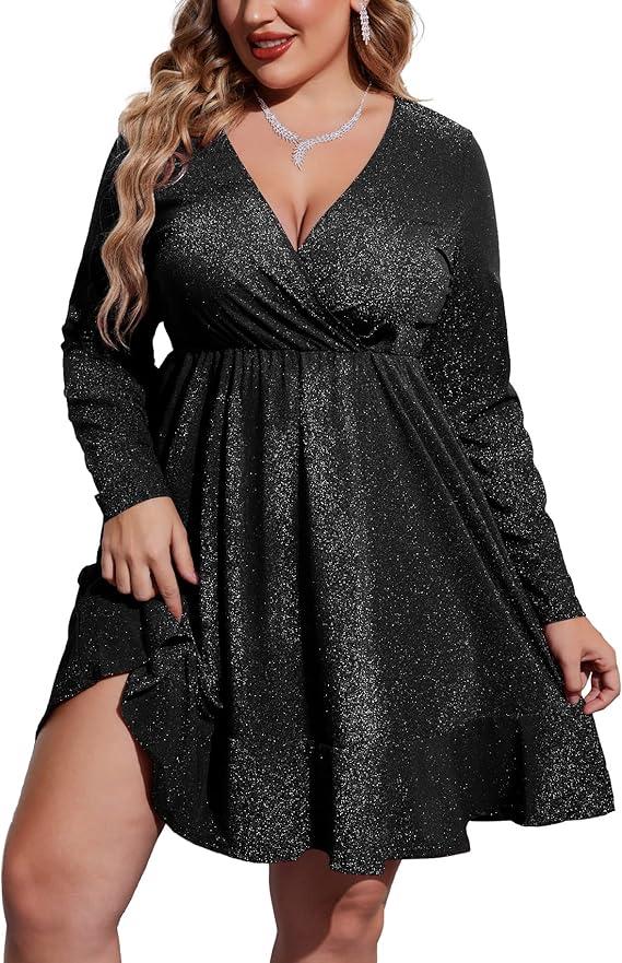 IN'VOLAND Plus Size Womens Glitter Dress V Neck Long Sleeve Ruffle Hem Swing Club Cocktail Party Dresses 14W