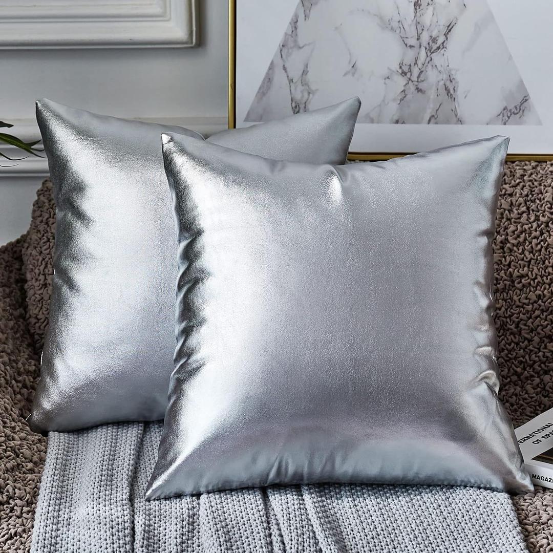 EUCIOR Silver Pillow Covers,Decorative Throw Pillows,18x18 inch,Pack of 2,Decorative Throw Pillow Covers Modern Metallic Shiny Cushion Cover for Sofa Bedroom Car (18" x 18" (Pack of 2))