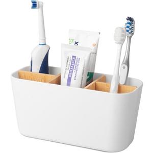 Toothbrush Holders for Bathrooms, Bamboo Tooth Brush Holder with 5 Slots Bathroom Vanity Organizer Countertop for Electric Toothbrushes, Toothpaste, Razors - White (Small (7.5" x 3.0"))