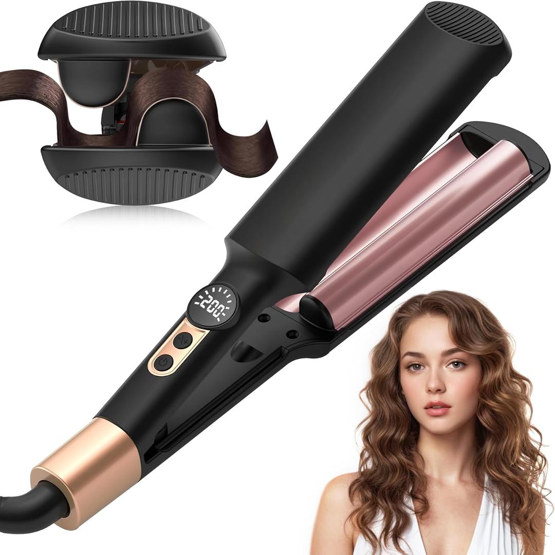 Waver Curling Iron Hair Crimper 3/4 Inch, Ionic Deep Waver Hair Curler Tool, 5 Temp Dual Barrel Mini Portable Curling Wand, Dual Voltage, Anti-Scalding Fast Heating for Short and Long Hair