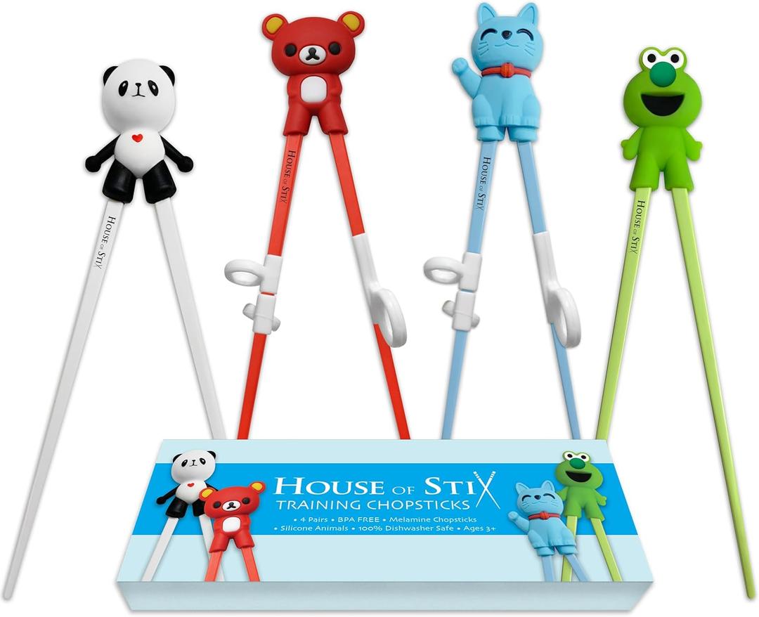 Kids Training Chopsticks for Toddlers, Kids and Adults  Removable Finger Helpers, Animal Design, BPA-Free, Dishwasher-Safe (Animals 4-Pack)
