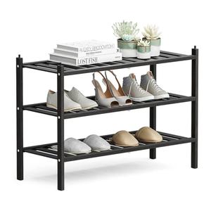 Shoe Rack, 3-Tier Bamboo Stackable Shelf Storage Organizer, Stand for Closet, Entryway, Hallway, Bathroom and Living Room（Black）