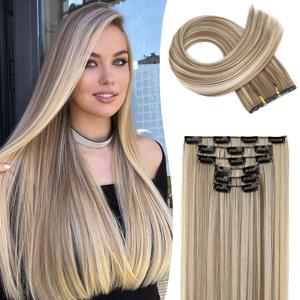 LONAI Clip in hair extensions 6PCS Straight 24" Hair Extensions for WomenHeat Resistant Synthetic Hairpiece-Ash Brown with Blonde Highlights