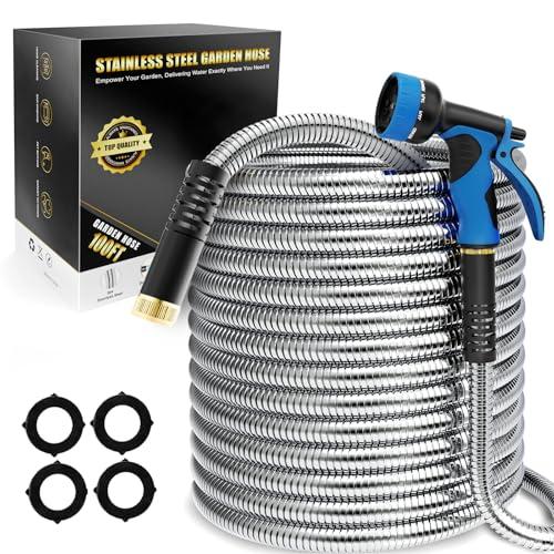 Lefree 100ft Metal Garden Hose - Heavy Duty 304 Stainless Steel Flexible Water Hose, No Kinks & Leak-Proof with Upgraded Handle, 10-Function Spray Nozzle & 4 Spare Gaskets for Yard, RV, Pet Bath