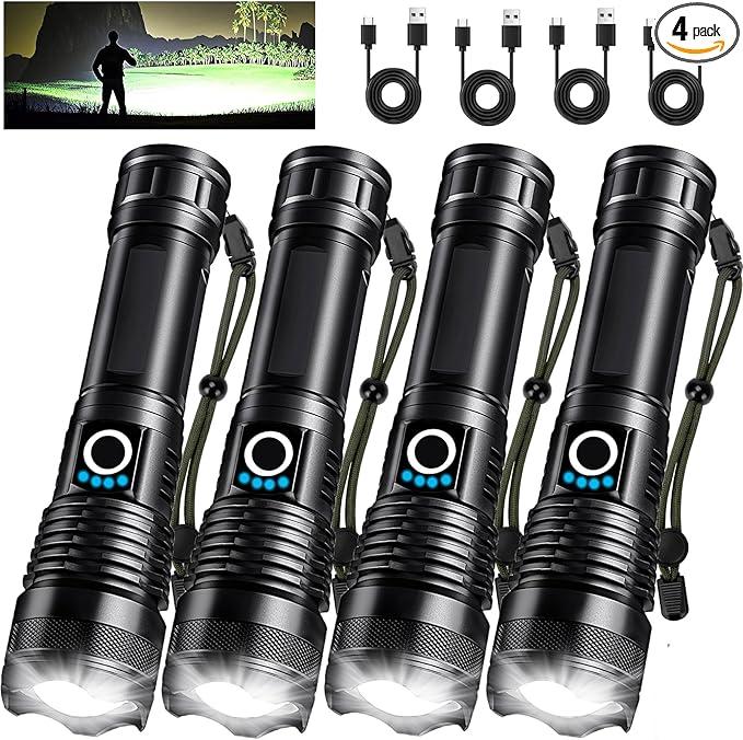 4 Pack Rechargeable LED Flashlights High Lumens, 90,000LM Super Bright Flashlight, Adjustable 5 Modes Powerful Flash Light with USB Cable, Waterproof Handheld Flashlight for Home Camping Emergencies