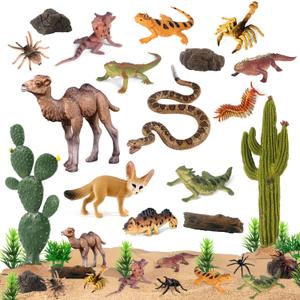 SIENON 32Pcs Desert Animal Figures Playset Model Trees Cactus Kit Diorama Project with Camel Fennec Fox Rattlesnake Scorpion Lizard Reptile Toy for Kids Birthday Cake Toppers Party Decorations