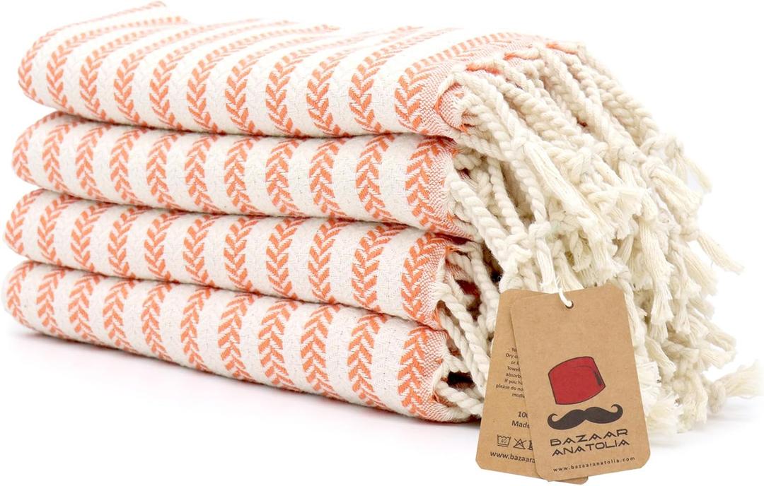 Bazaar Anatolia Hand Towels - Set of 4 | 39" x 19" - Striped Turkish Hand Towel for Bathroom, 100% Cotton, Kitchen, Face, Hair, Tea, Dishcloth, Orange Striped Towels - Arpa Orange