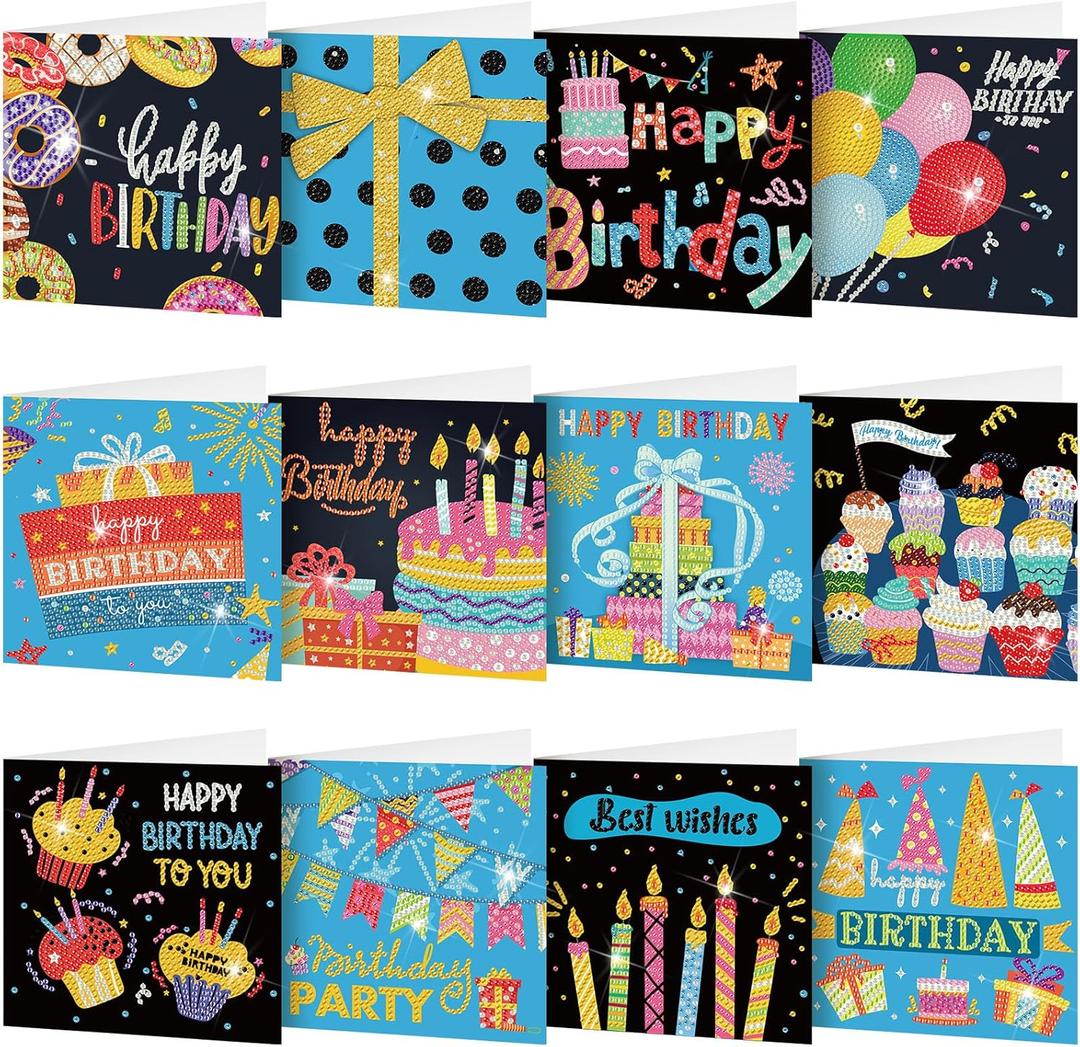 Saillong 12 Pack Happy Birthday Diamond Painting Greeting Card Kits DIY Diamond Art Cards with Envelopes Birthday Cake 5d Rhinestones Painting Kits for Adults DIY Crafts Family Friend Birthday Gifts