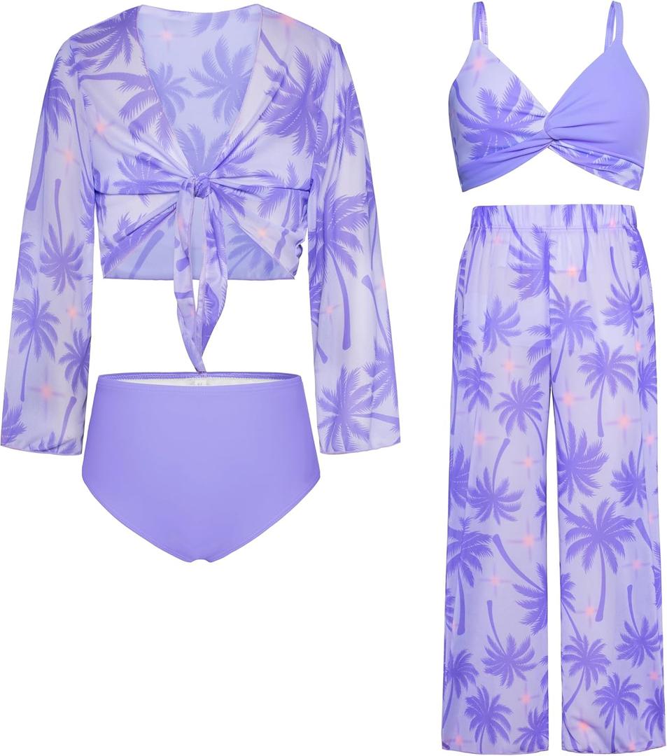 GRACE KARIN Teen Girls Bathing Suits Kids 4 Piece Long Sleeve Swimsuit Kimono Up Pants Bikini Tankini Set Swimwear (10-12 Years, Purple-coconut Tree)