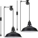 Plug in Pendant Light, Hanging Lamp with Black Barn Pendant Lighting with 14.76ft Cord On/Off Switch, Adjustable Pulley Hanging Pendant Lighting for Kitchen Bedroom Restaurant 2 Pack