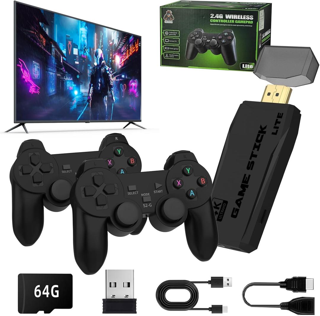 Wireless Retro Game Console, Retro Game Stick with Built-in 9 Emulators, 64GB,20,000+ Games, Plug and Play TV Video Gaming Stick with Dual 2.4G Wireless Controllers
