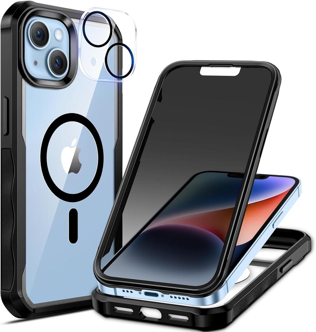 seacosmo for iPhone 14 Case, Full Body Bumper with Built-in 9H Tempered Glass Privacy Screen Protector and Camera Lens Protector, Compatible with MagSafe, Shockproof Phone Cover, 6.1", Black