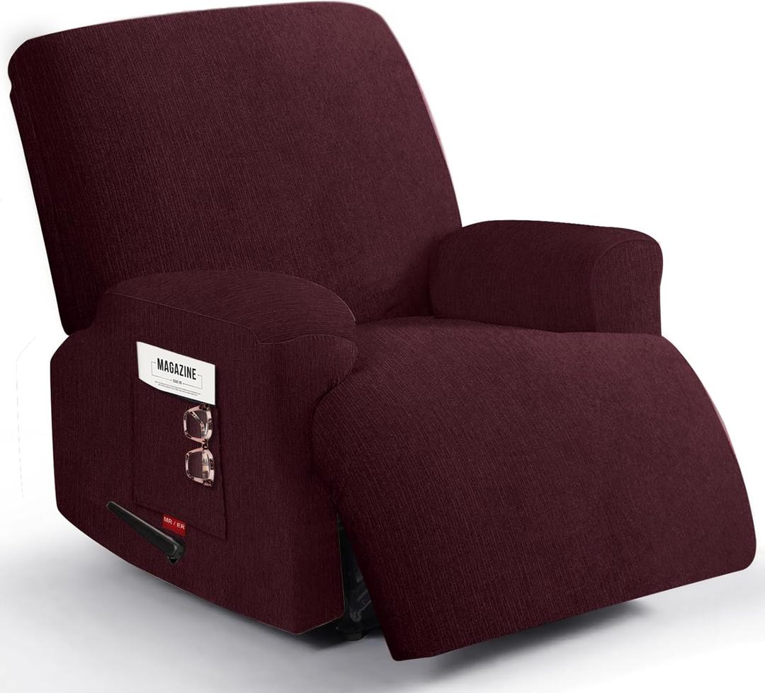Oversized 3 Pieces Stretch Recliner Chair Covers - Plush Fabric Slipcovers & Durable Furniture Protectors with Elastic Bottom for Kids and Pets (1 XL Seater, Burgundy)