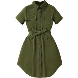 OYOANGLE Girl's Button Down Collared Dress Short Sleeve A Line Casual Belted Dresses Green 11-12Y