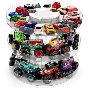 Display Case, 1/64 Scale Diecast Toy Car Storage, Compatible with Monster Jam Trucks, Parking Garage Diorama - Freestanding Storage with 3 Levels Maximum 60-80 Cars (Clear)