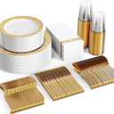 FOCUSLINE 350 Ct Gold Dinnerware Set for 50 Guests, Gold Lace Plastic Plates Disposable Heavy Duty, Including 50 Dinner & Dessert Plates, Cups, Napkins, Cutlery Set
