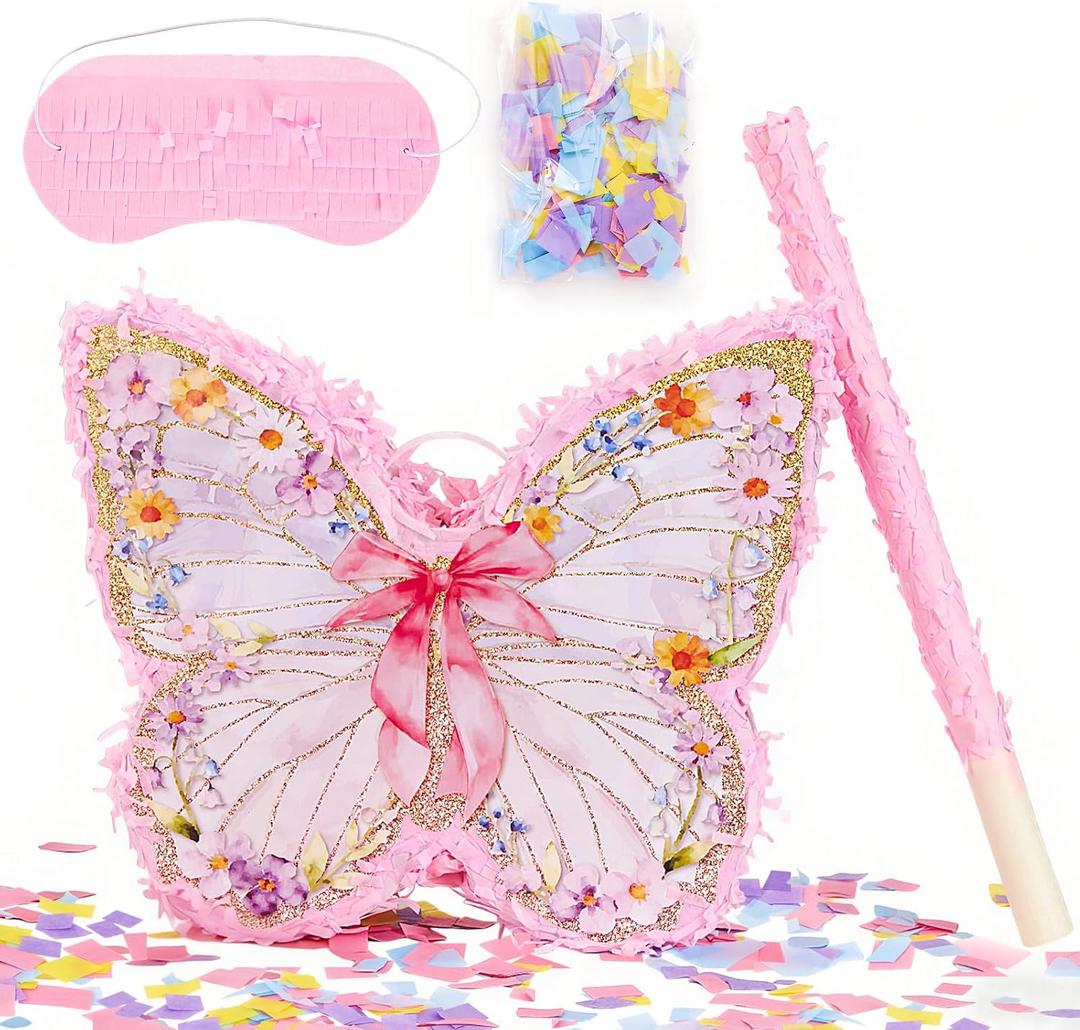 Butterfly Party Decorations Set with Bat and Blindfold, 14 x 12 in Pink Butterfly Birthday Piata with Bow and Wildflower Print, Girls Birthday Party Decorations
