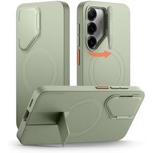 SURITCH for Samsung Galaxy S25 Phone Case, Magnetic Shockproof Bumper Case Slim Protective Cover with Camera Cover & Adjustable Metal Kickstand for Galaxy S25 (2025)-Sage Green