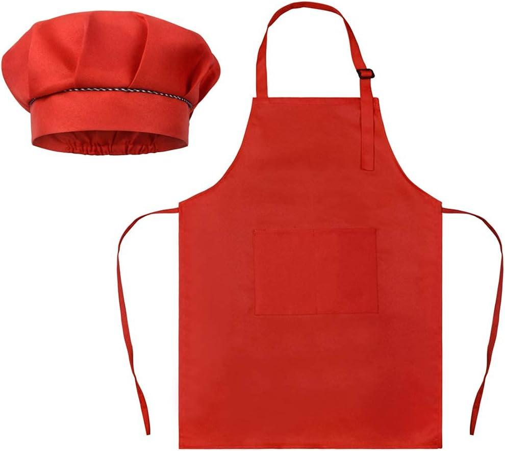 SUNLAND Kids Apron and Hat Set Children Chef Apron for Cooking Baking Painting (Small, Red)
