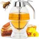 Honey Dispenser No Drip Glass 8 oz with Plastic Top, Beautiful Honeycomb Shaped Honey Jar with Stand - 6" Clear Container, Honey Pot, Maple Syrup Dispenser, Perfect Bee Decoration for Home Kitchen