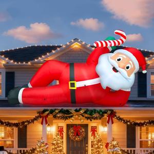 TURNMEON 12 Foot Super Giant Christmas Inflatables Santa Claus Outdoor Decorations, Blow Up Lying Santa Holds Candy Cane Built-in LED Lights Inflatable Christmas Decorations Garden Lawn Holiday Party