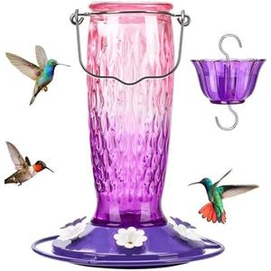 Kingsyard Hummingbird Feeders for Outdoors Hanging, 20 Ounce, Glass Hummingbird Feeder with Ant Moat & 6 Bee Guard Feeding Ports, Leak-Proof, Pink & Purple