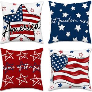 Hexagram 4th of July Pillow Covers 18x18 July 4th Decor Patriotic American Flag Throw Pillow Covers Set of 4 Decorations Star Independence Memorial Day Home Decor