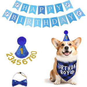 hoyuwak Dog Birthday Party Supplies Blue Boy Pet Birthday Banner Hat Bow Tie Bandana with Number Set for Boy Small Medium Dogs