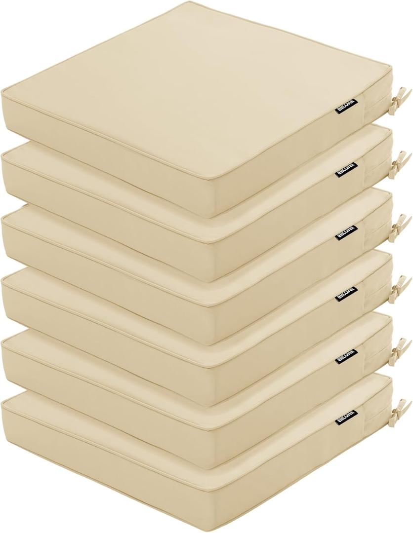 Outdoor Chair Cushions 18.5x16 Inch Waterproof Patio Chair Cushions with Tie 5 Year Color Fastness Thick Outdoor Seat Cushion for Patio Furniture Beige Set of 6