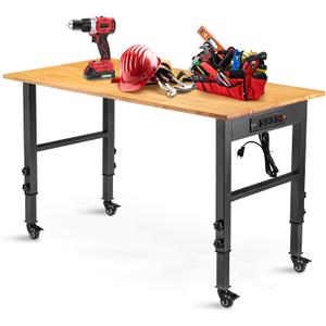 OLBRUS 48 "Adjustable Workbench with Power Outlet, Heavy Duty 2000 LBS Load Capacity Hardwood Workbench Suitable for Workshop, Office, Garage, Home with Wheels