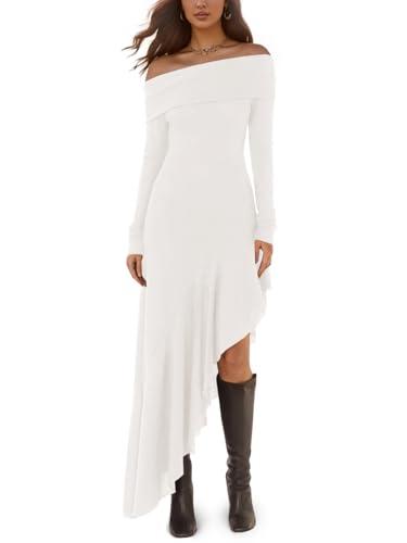 Fisoew Women's Off The Shoulder Long Sleeve Maxi Dress Fall Casual Ruffle Irregular Hem Wedding Guest Dresses, White, Large